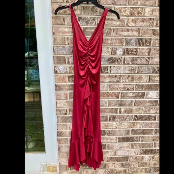 Y2K Red Burgundy Gold Sparkle Stretchy Salsa Ruffle Dress - Picture 4 of 7